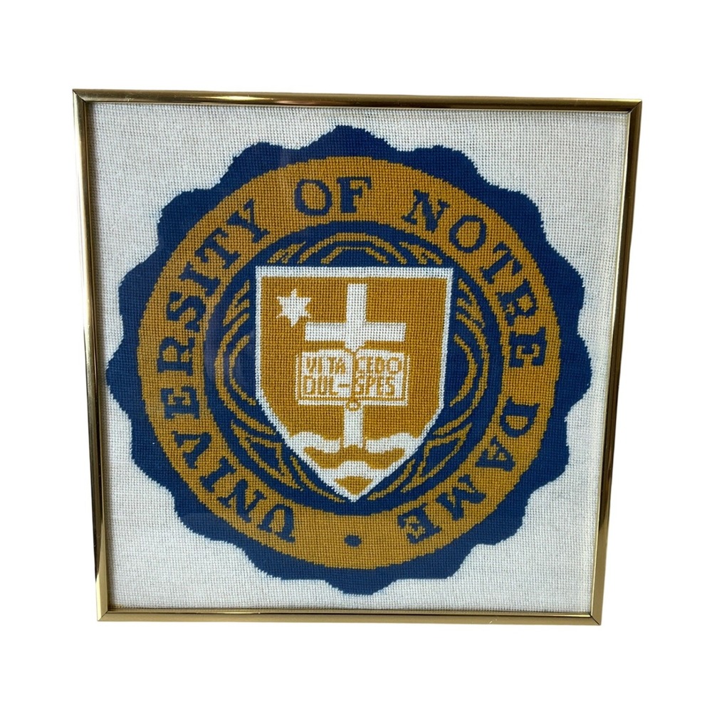 Vintage 1978 University of Notre Dame Fighting Irish Needlepoint Framed Decor